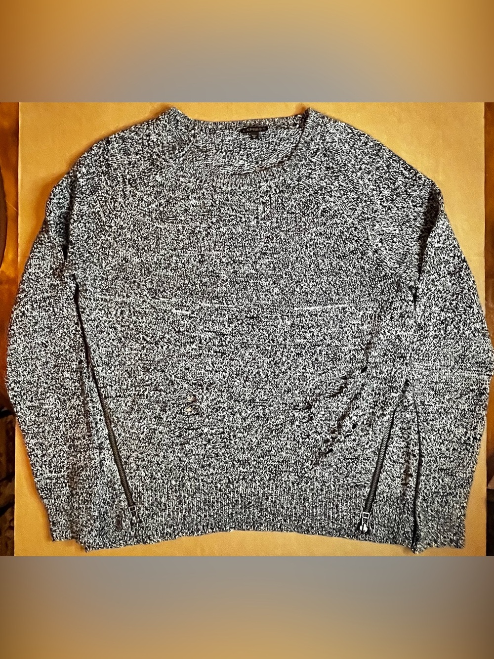 Express Black & White Marled Knit Distressed Sweater w Side Zippers